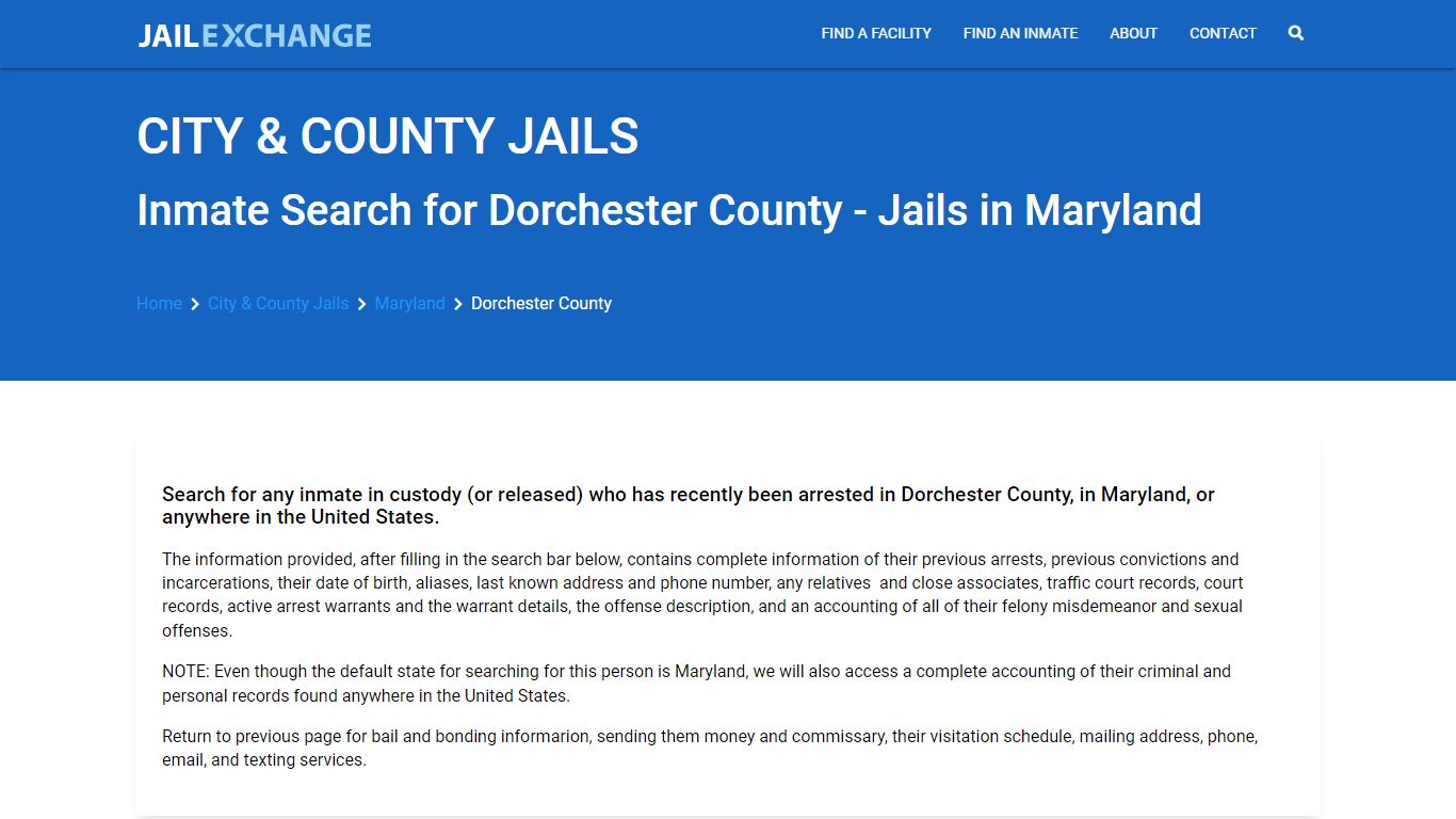 Locate an inmate in Dorchester County, Maryland - Jail Exchange